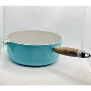 VTG Le Creuset France #22 Paris Blue Enamel Cast Iron Sauce Pan Wood Handle